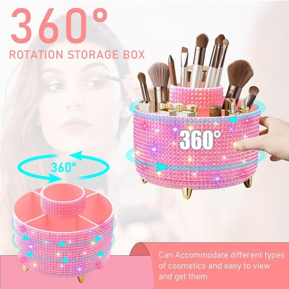 Diesisa 5Slot Makeup Brush Diamond Pink Cup 360° Rotating Makeup Brush Holder - Picture 4 of 5